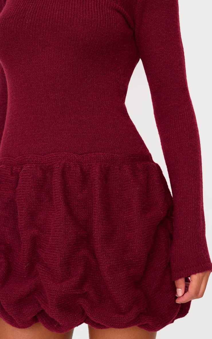 Burgundy High Neck Knitted Puffball Mini Dress