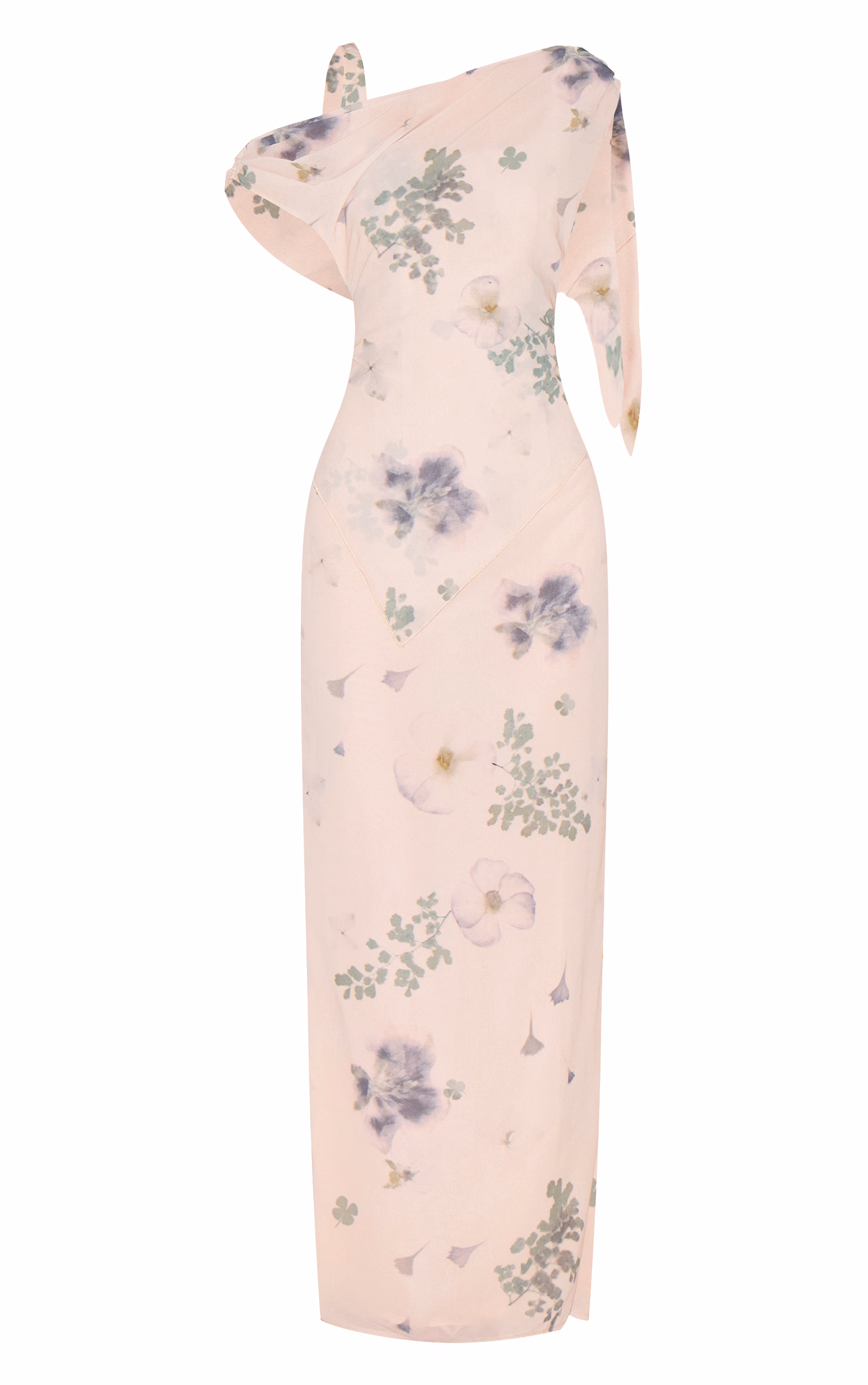 Sand Abstract Printed Chiffon Draped Maxi Dress