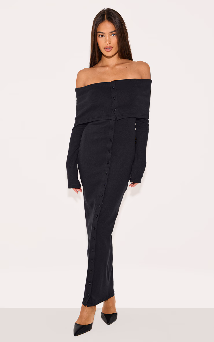Black Rib Fold Over Bardot Button Maxi Dress
