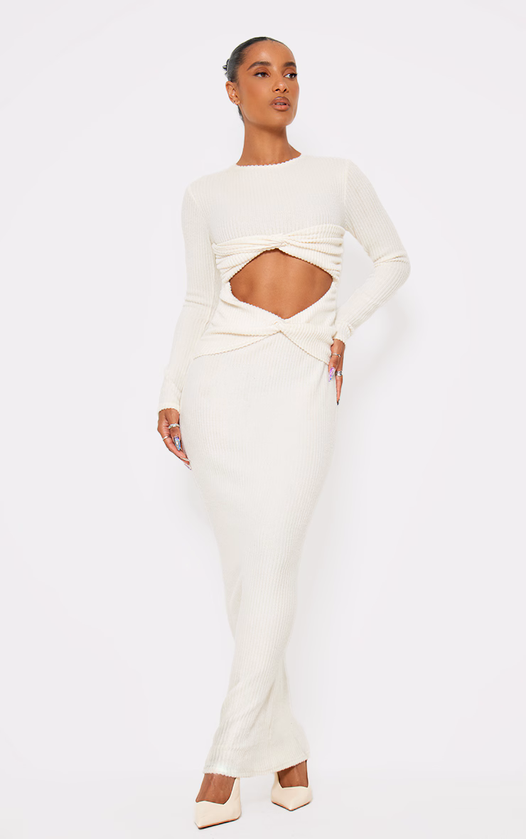Cream Brushed Rib Cut Out Detail Maxi Dress