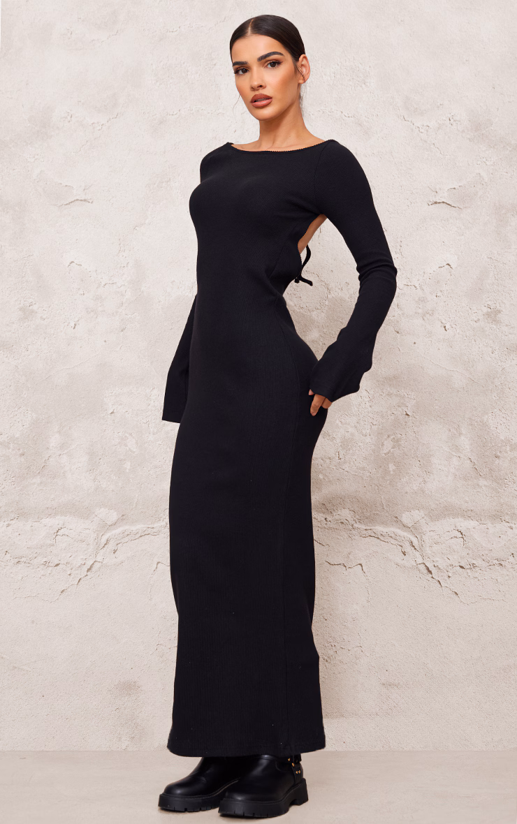 Black Heavy Brushed Rib Tie Back Maxi Dress
