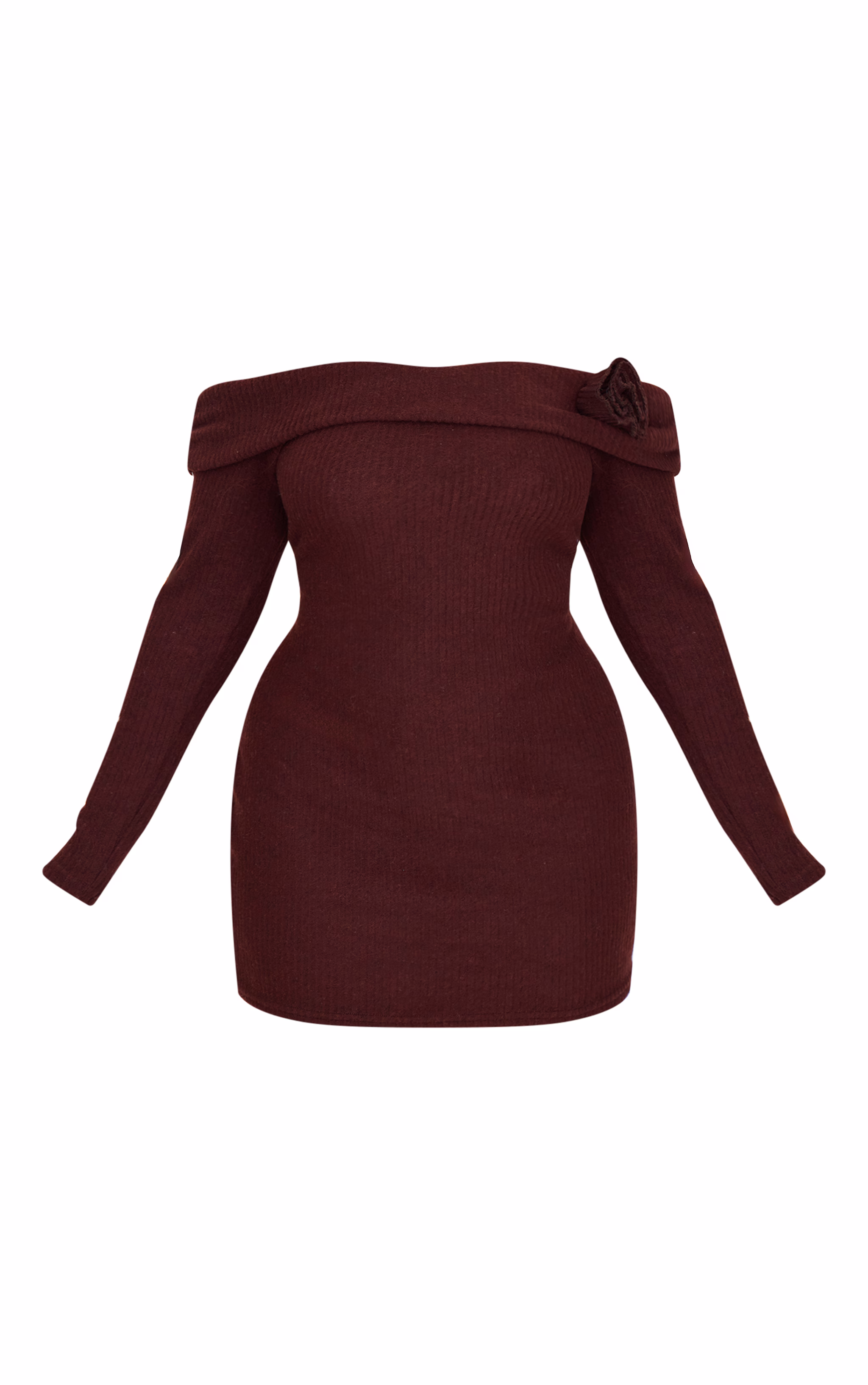 Plus Chocolate Brushed Rib Fold Over Bardot Corsage Detail Bodycon Dress
