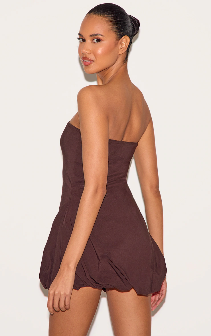Chocolate Stretch Woven Bandeau Puffball Mini Dress