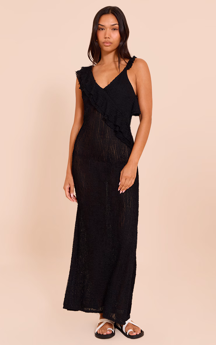 Black Textured Asymmetric Neck Maxi Dress