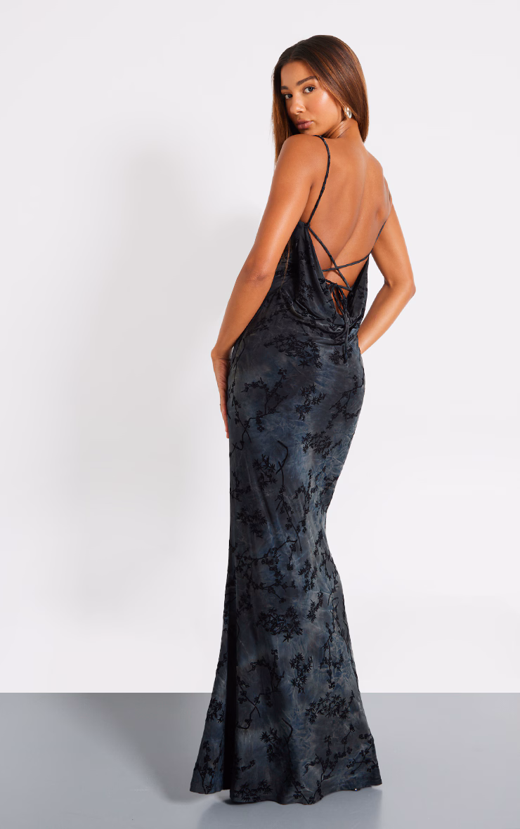 Grey Devore Cowl Neck Lace Up Back Maxi Dress