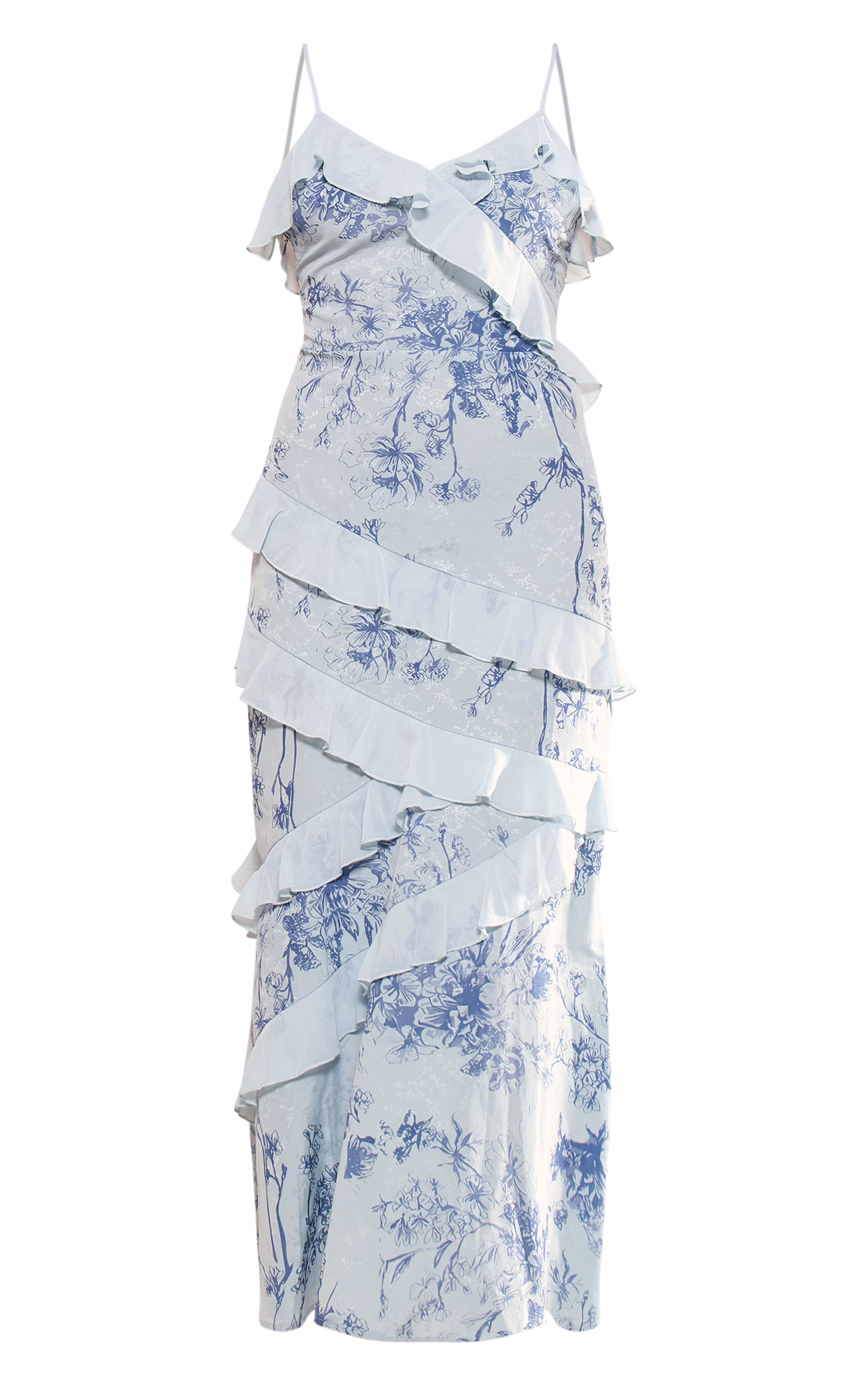 Light Blue Chiffon Floral Frill Maxi Dress