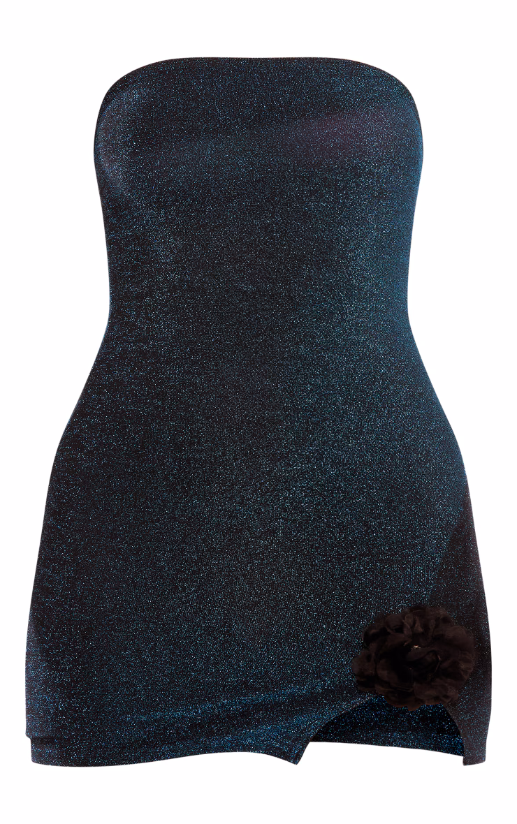 Teal Glitter Textured Bandeau Rose Applique Split Hem Bodycon Dress