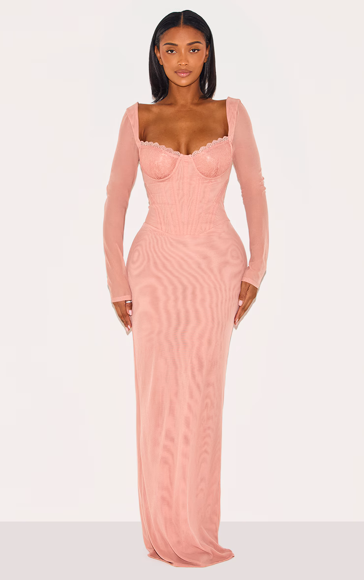 Shape Peach Mesh Lace Insert Corseted Maxi Dress