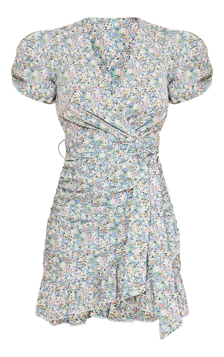Blue Floral Chiffon Puff Sleeve Ruched Bodycon Dress