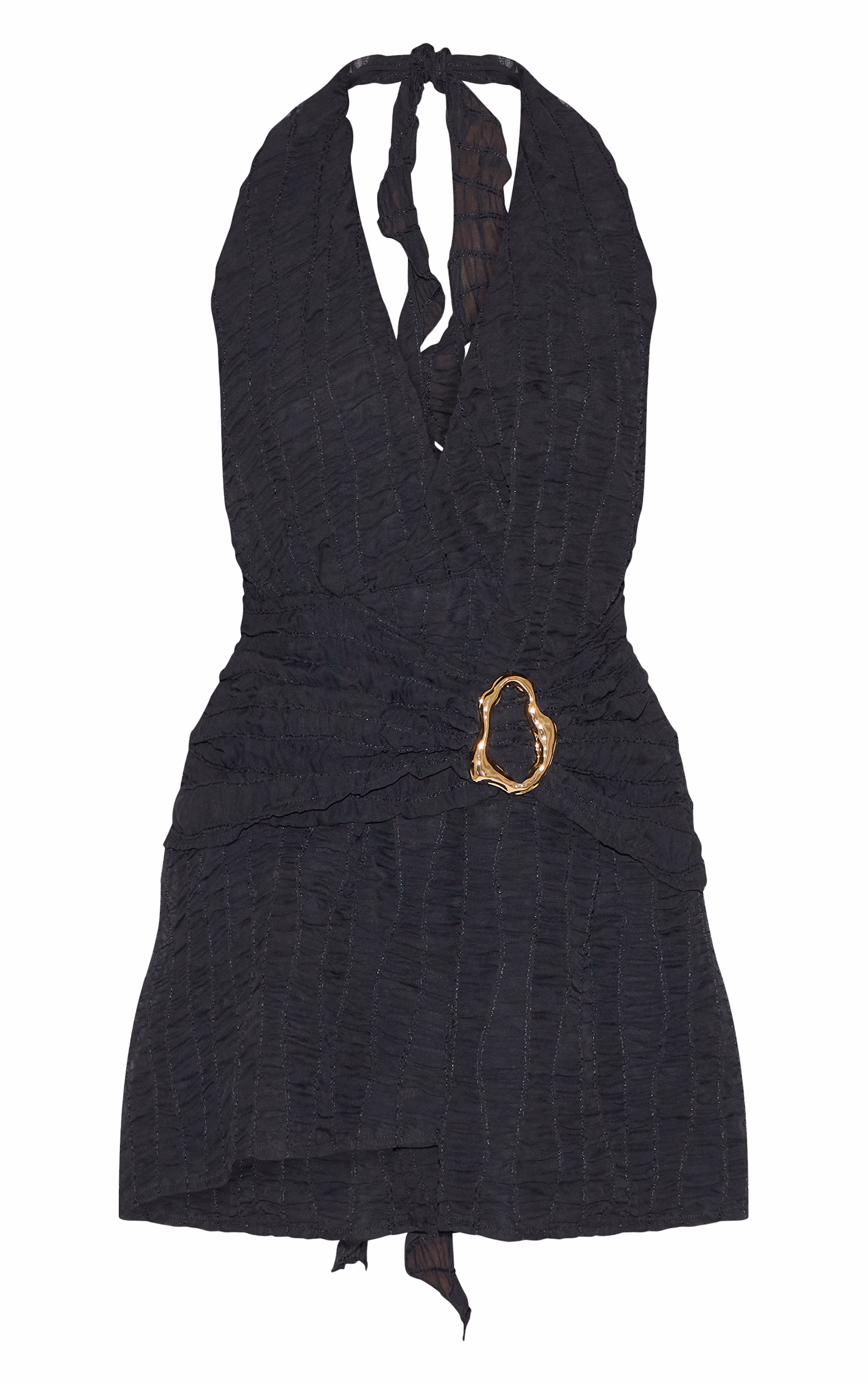 Black Texture V Neck Belt Shift Dress