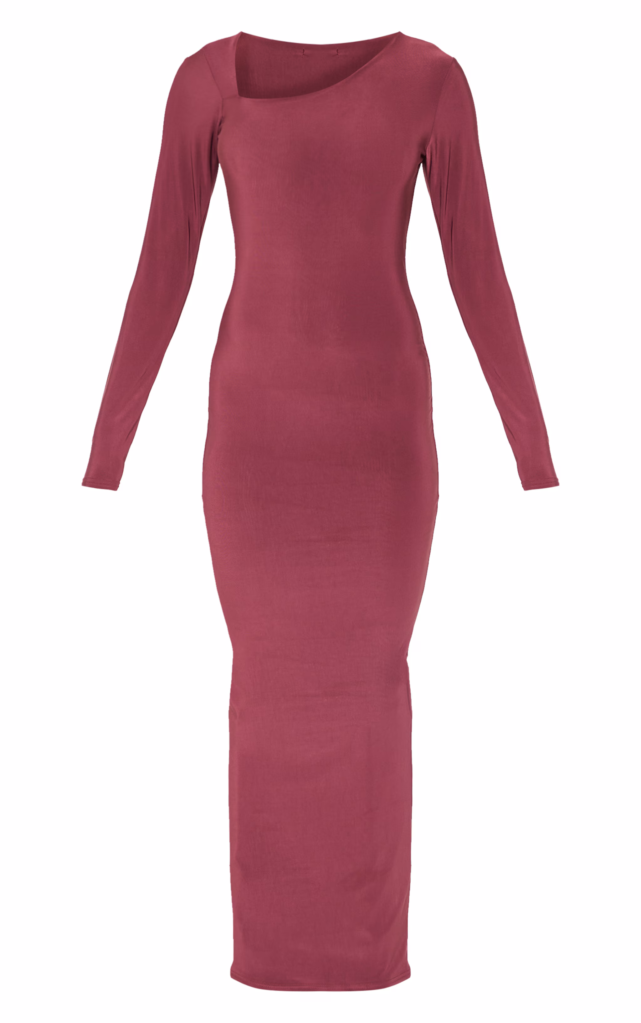 Burgundy Double Slinky Asymmetric Neckline Long Sleeve Maxi Dress