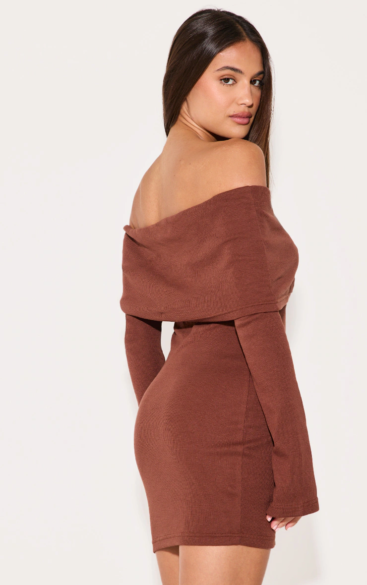 Chocolate Rib Fold Over Bardot Button Mini Dress