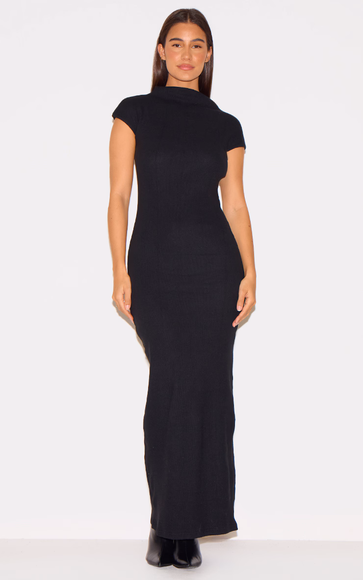 Black Heavy Brushed Rib High Neck Cap Sleeve Maxi Dress