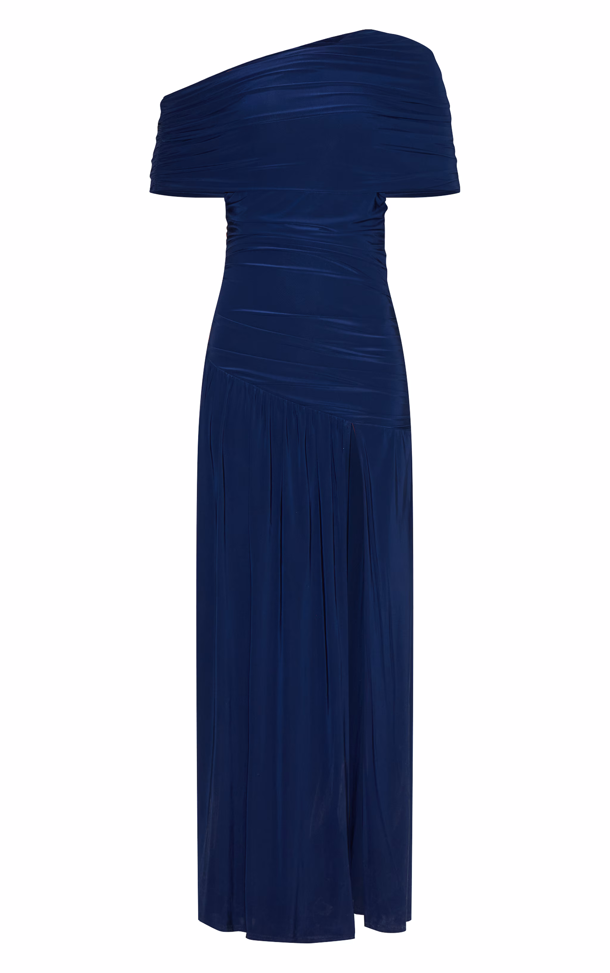 Navy Double Layer Slinky Bardot One Shoulder Ruched Maxi Dress