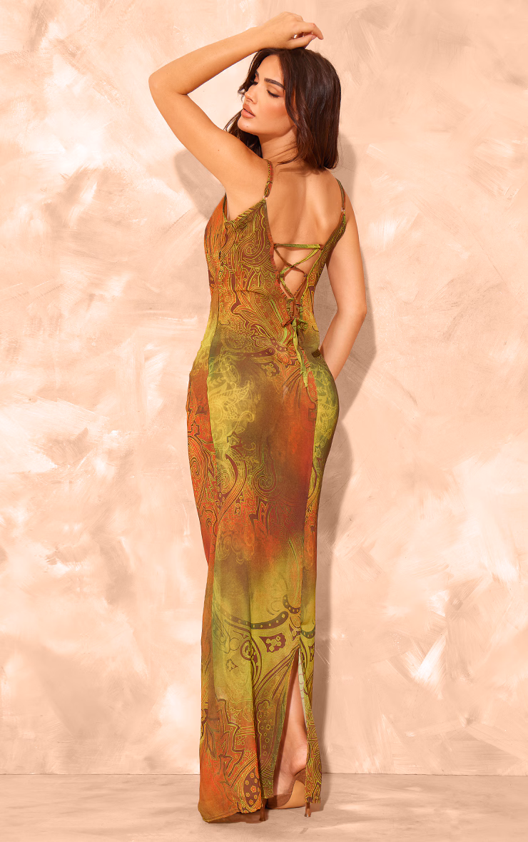 Green Abstract Print Sheer Chiffon Lace Up Back Maxi Dress