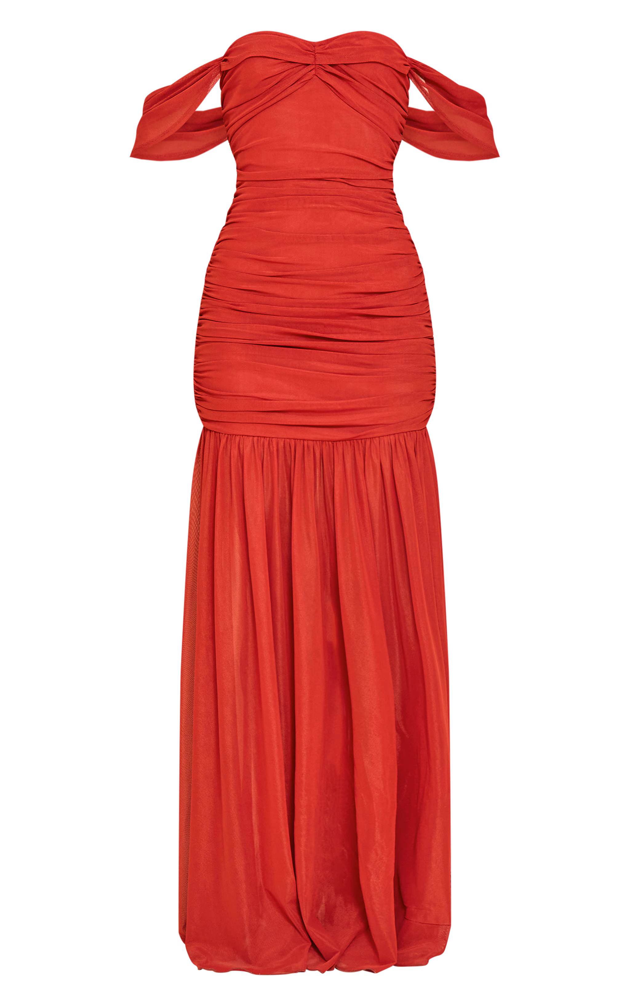 Deep Red Mesh Bardot Ruched Detail Maxi Dress