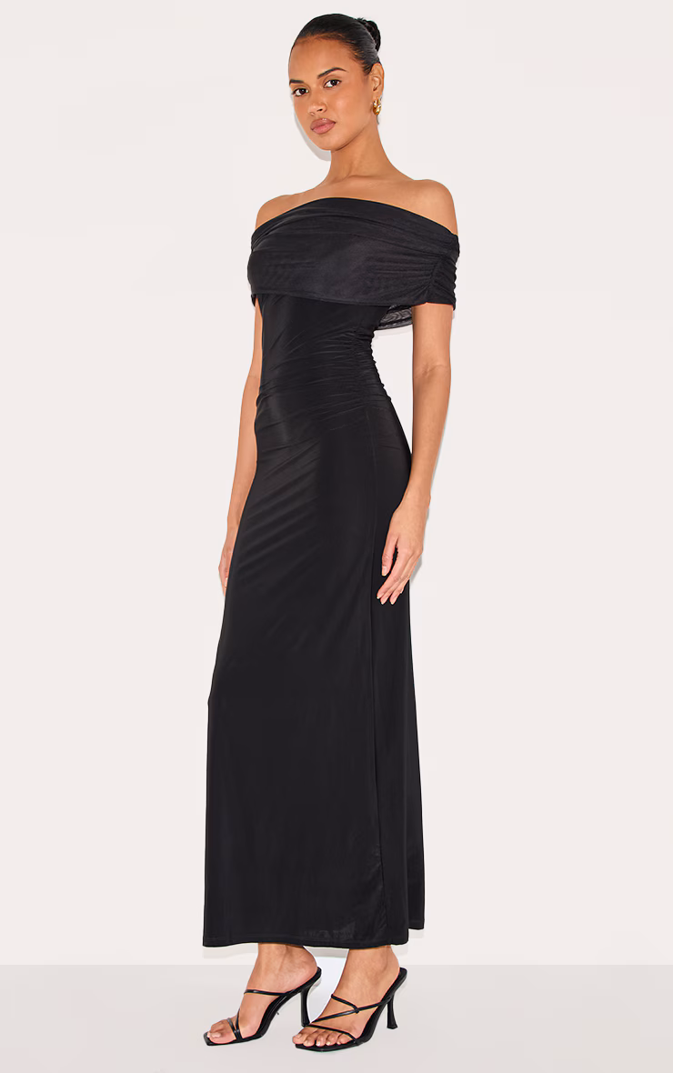 Black Double Layer Slinky Mesh Overlay Maxi Dress