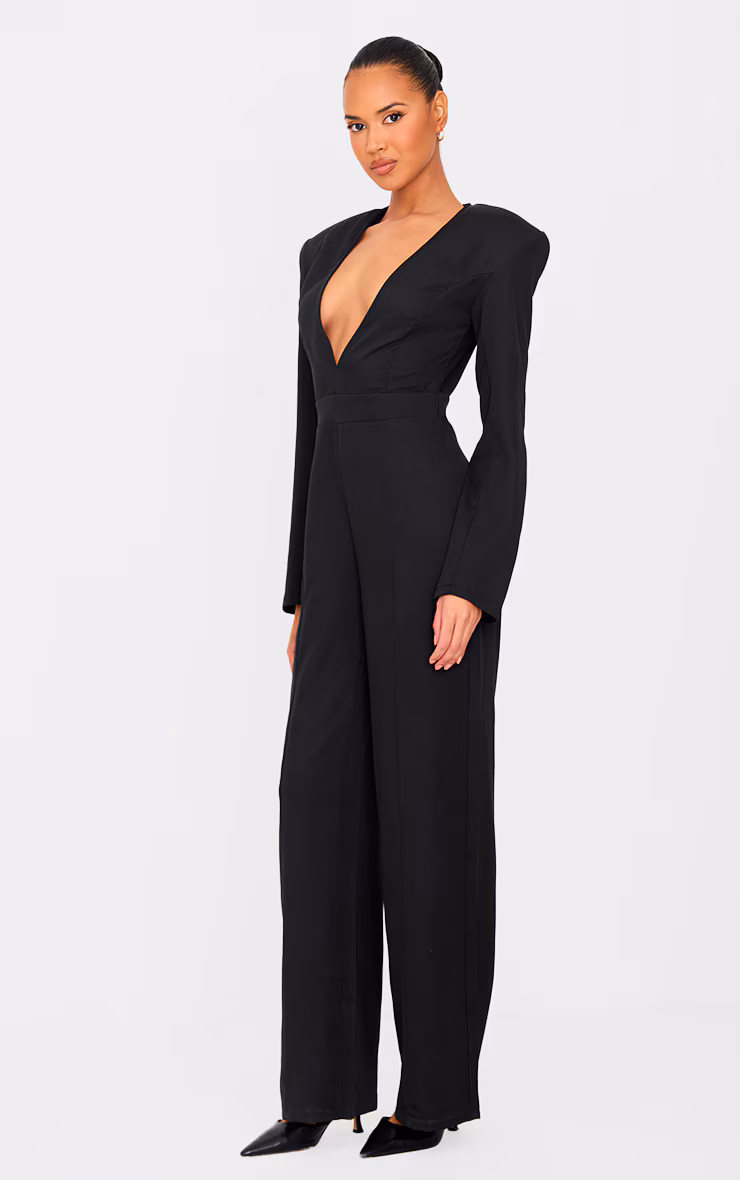 Black Woven Plunge Long Sleeve Straight Leg Jumpsuit