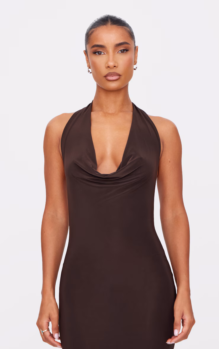 Chocolate Soft Touch Cowl Neck Twist Back Detail Maxi Dress