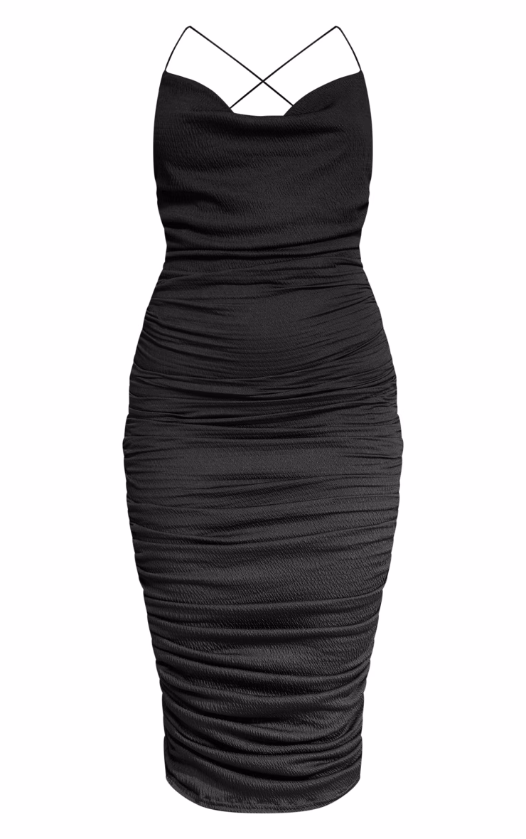 Black Crinkle Texture Ruched Cowl Neck Midi Dress