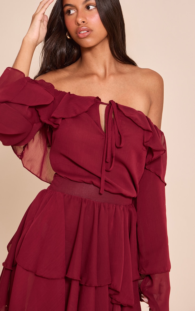Petite Wine Chiffon Frill Detail Mini Dress
