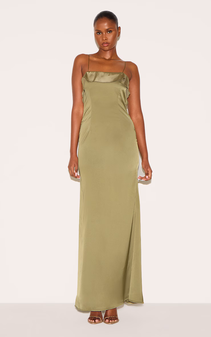 Sage Green Satin Draped Frill Back Detail Maxi Dress