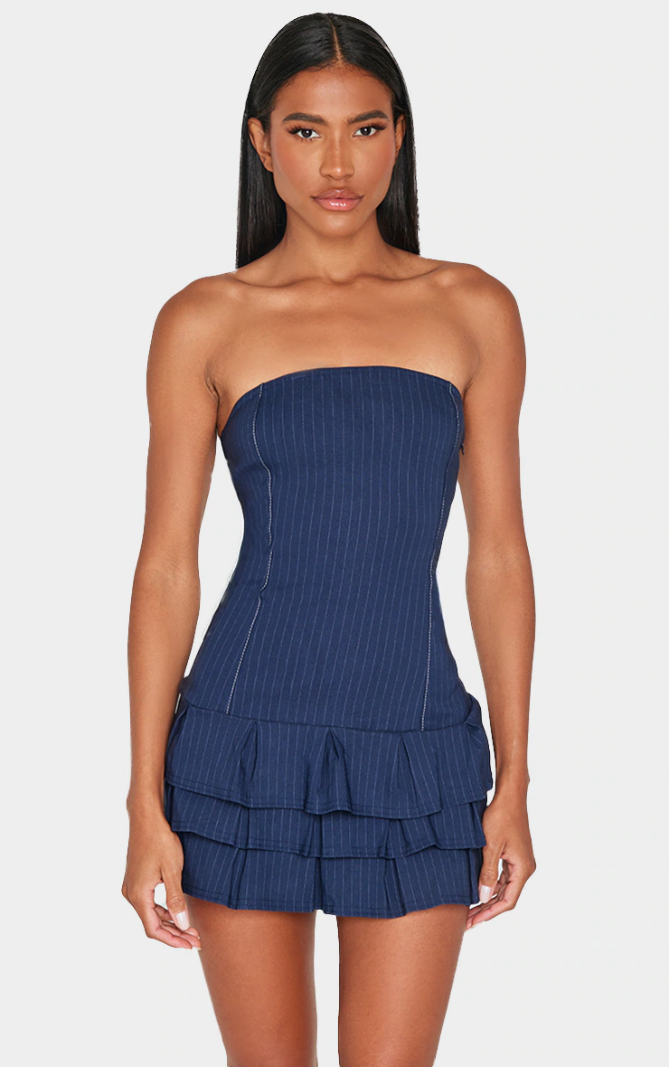 Dark Blue Stitch Detail Bandeau Frilled Shift Dress