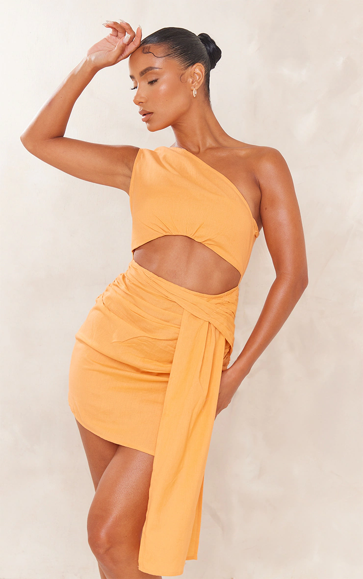 Orange Linen Look One Shoulder Cut Out Drape Bodycon Dress