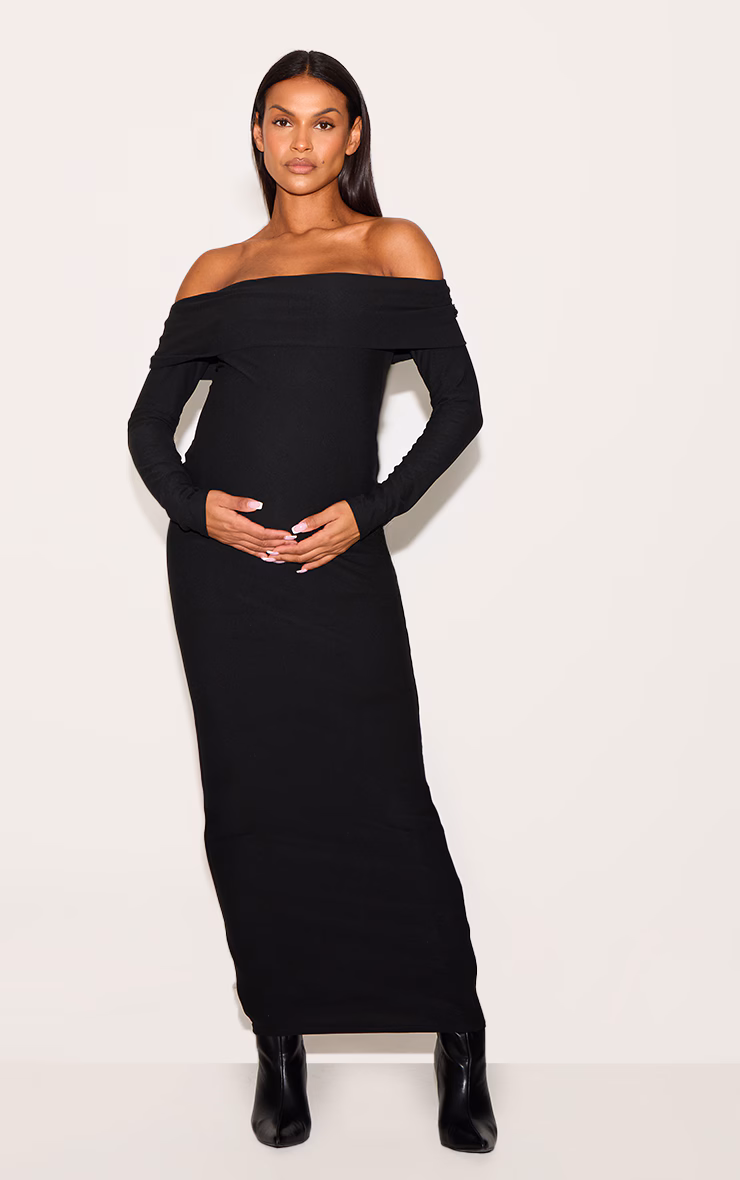 Maternity Black Soft Touch Fold Over Bardot Maxi Dress