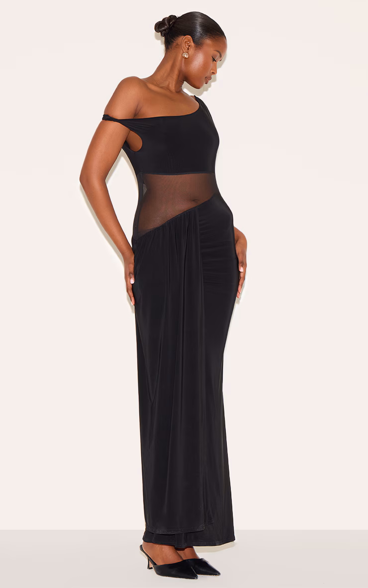 Black Slinky Asymmetric Mesh Cut Out Maxi Dress