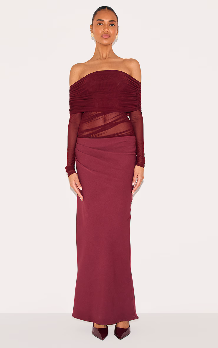 Wine Satin Mesh Detail Bardot Maxi Dress