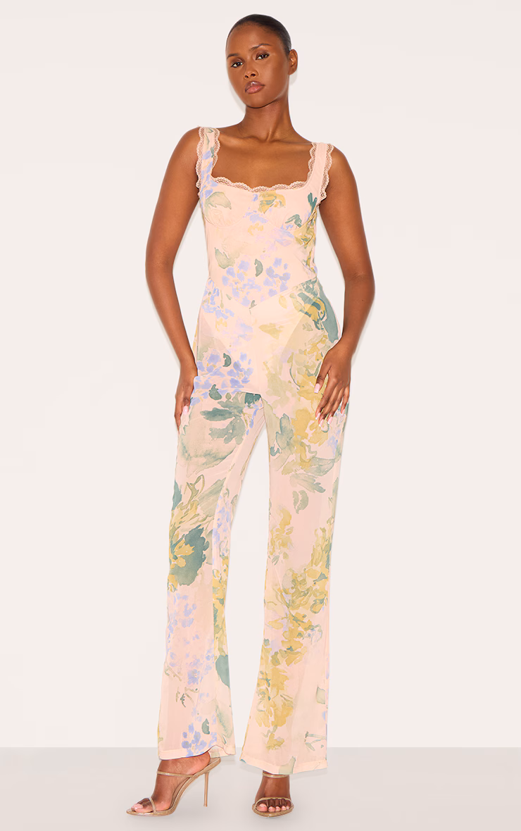 Pink Floral Printed Chiffon Corset Detail Flared Jumpsuit