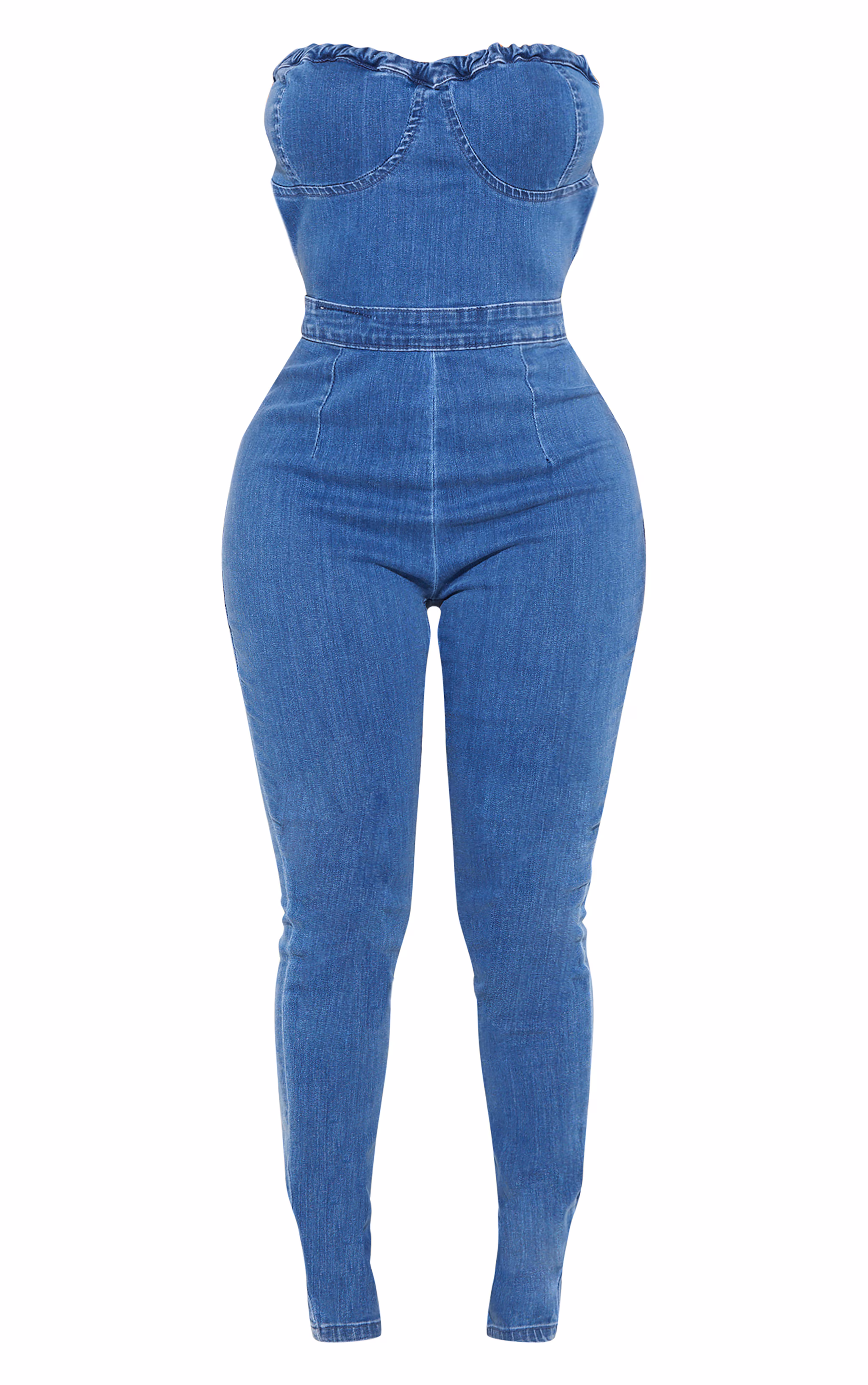 Shape Mid Blue Wash Cup Detail Tie Back Denim Jumpsuit