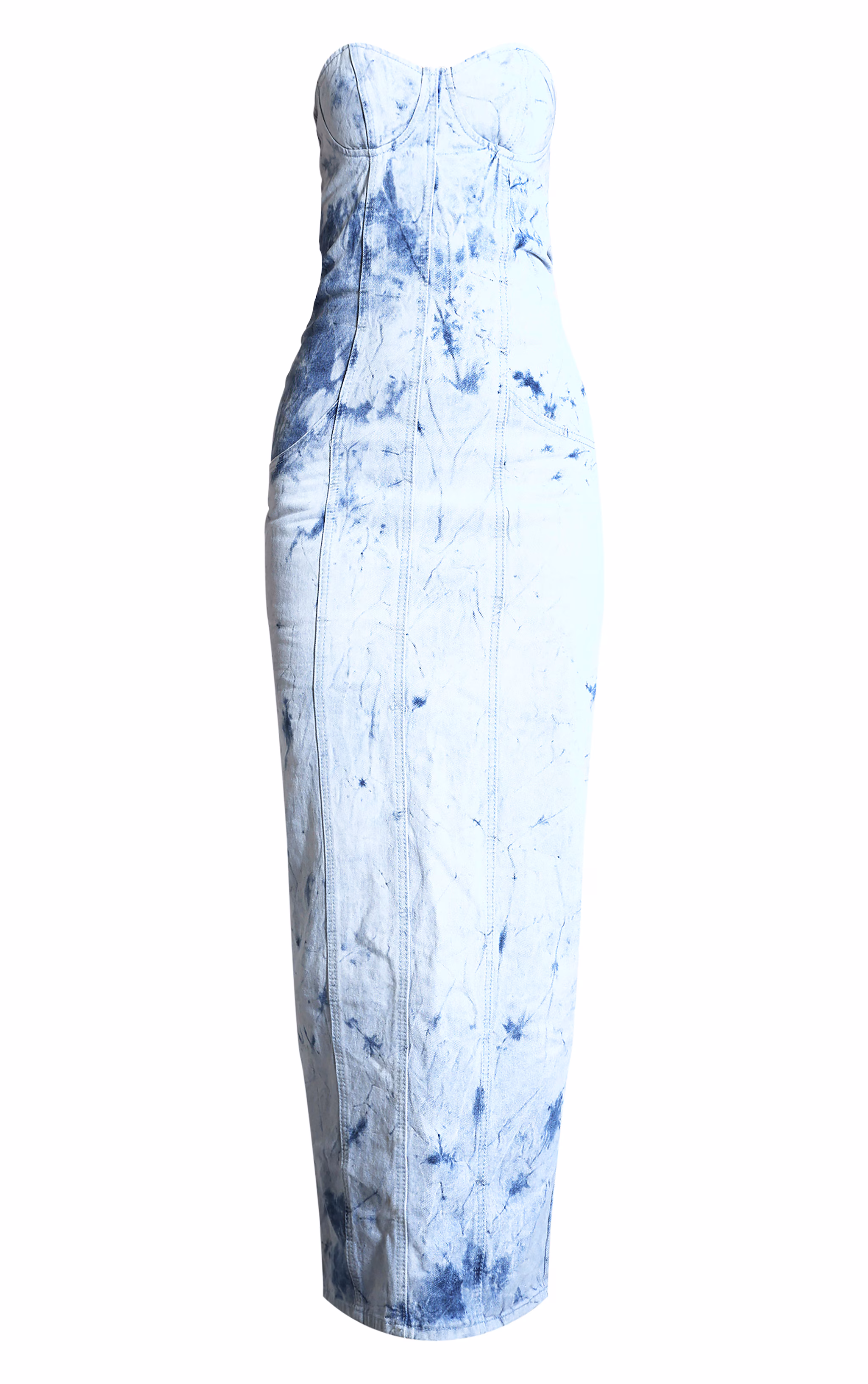 Blue Tie Dye Print Bustier Denim Maxi Dress