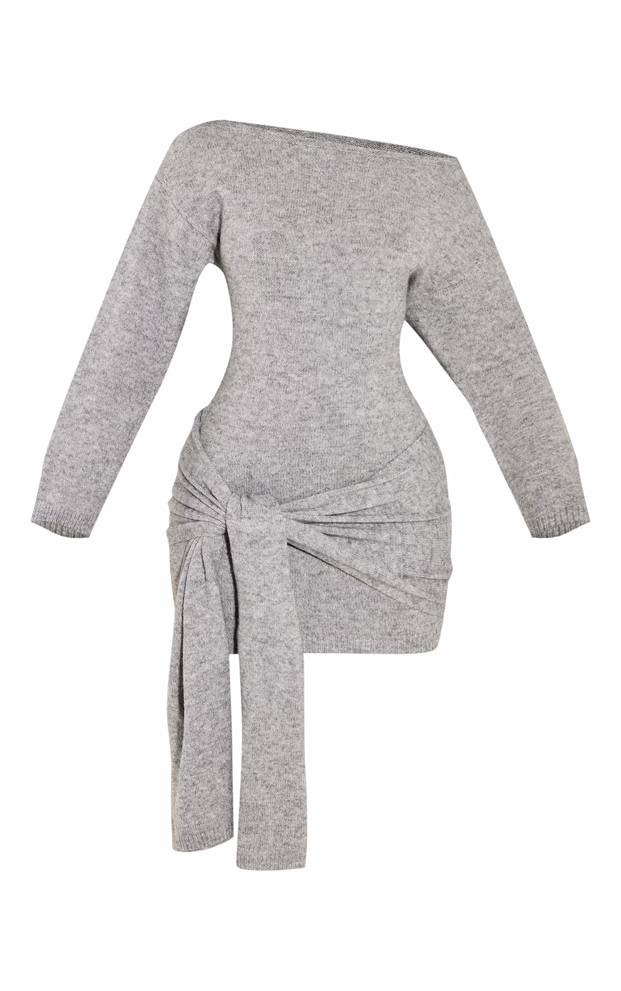 Petite Grey Knit Slouchy Mini Dress With Tie Wrap Around