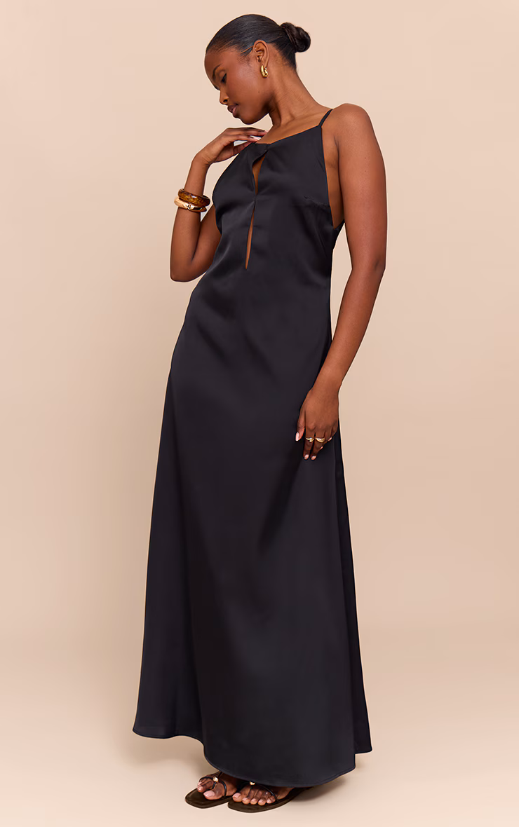 Black Satin Keyhole Cut Out Slip Dress