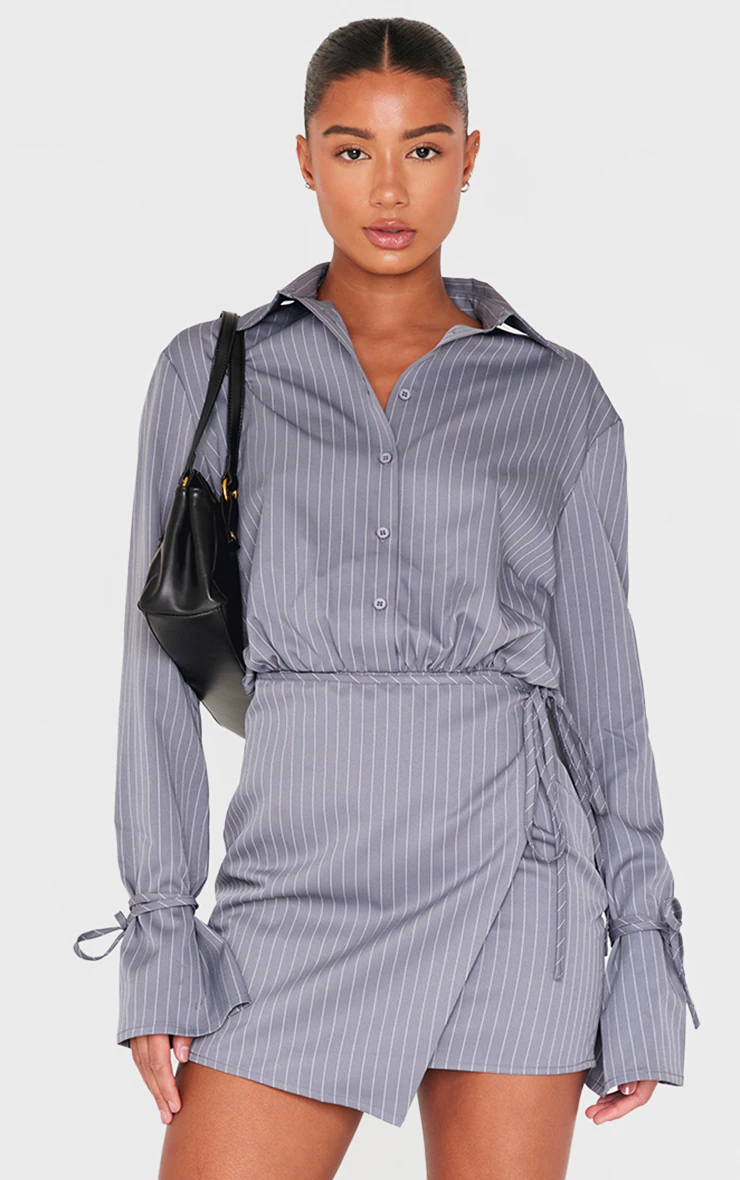 Grey Pinstripe Wrap Shift Dress