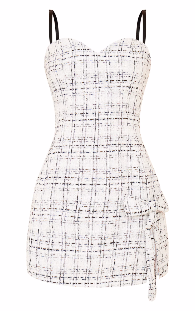 Cream Boucle Strappy Bow Detail Bodycon Dress