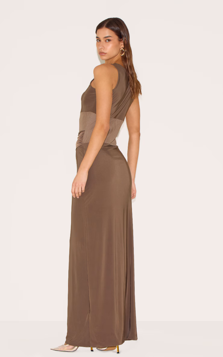 Mushroom Slinky Mesh Cut Out Maxi Dress