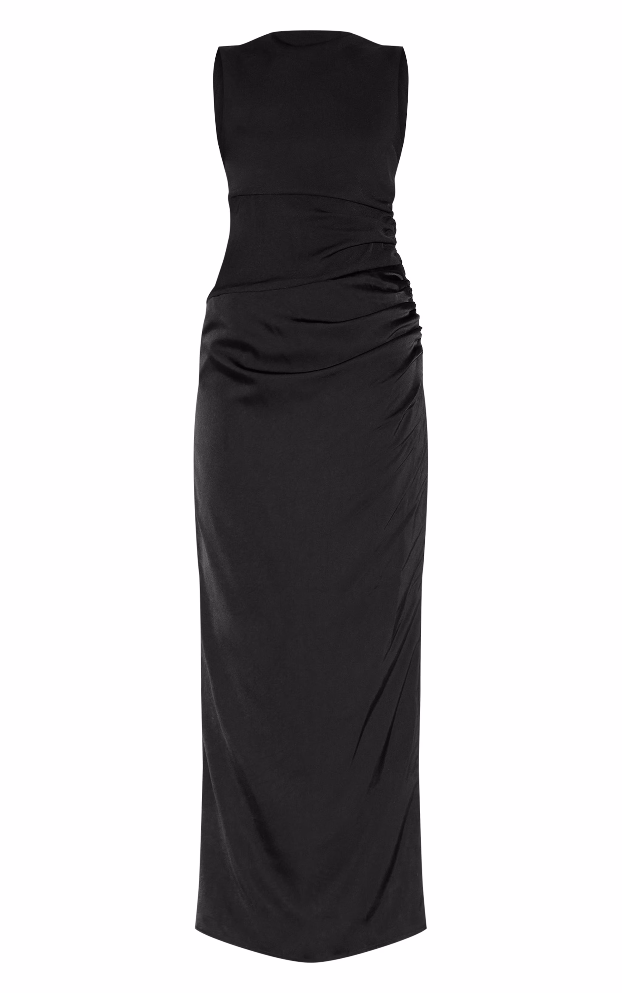 Black Woven High Neck Ruched Drape Midaxi Dress