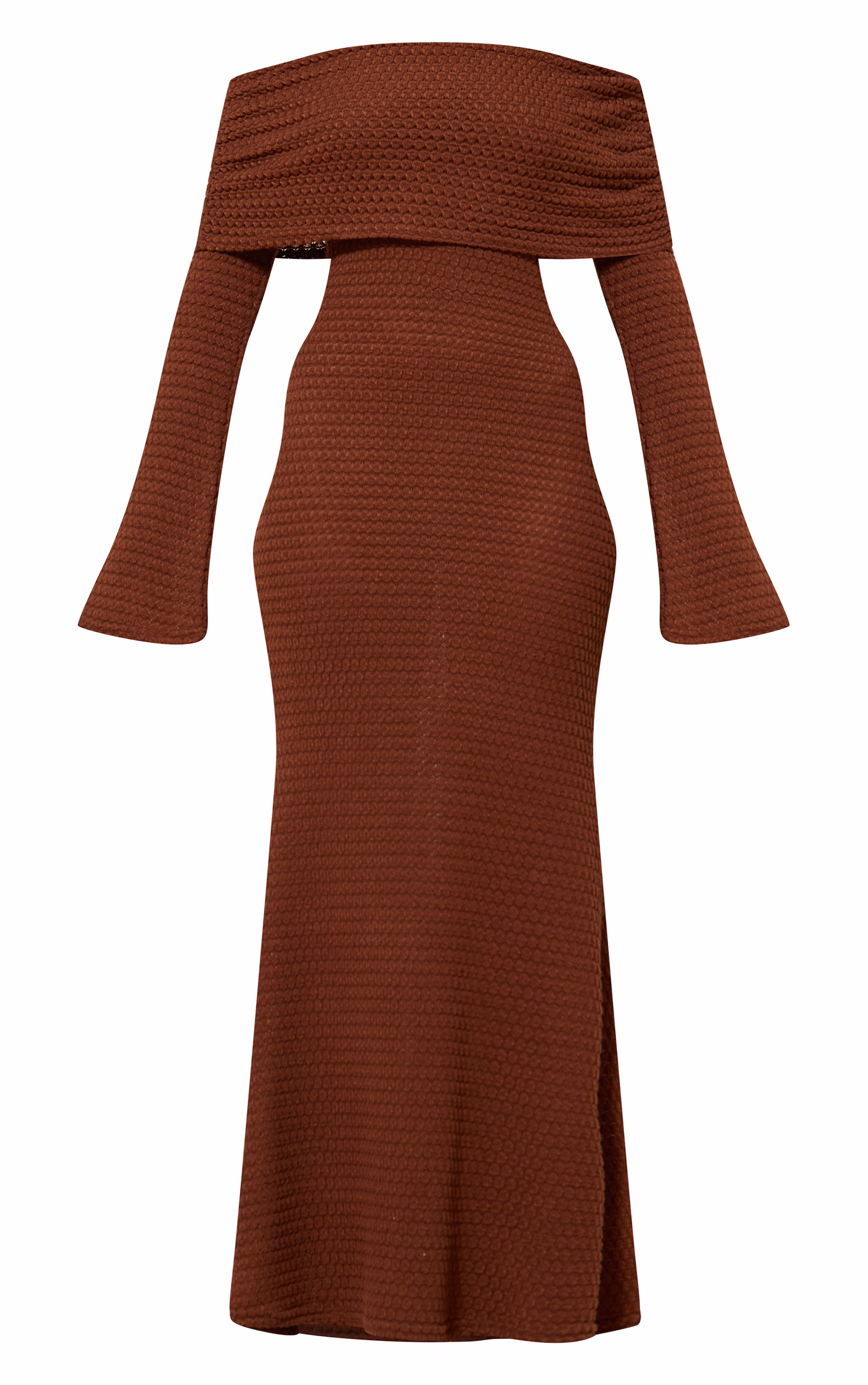 Chocolate Textured Extreme Bardot Long Sleeve Maxi Dress