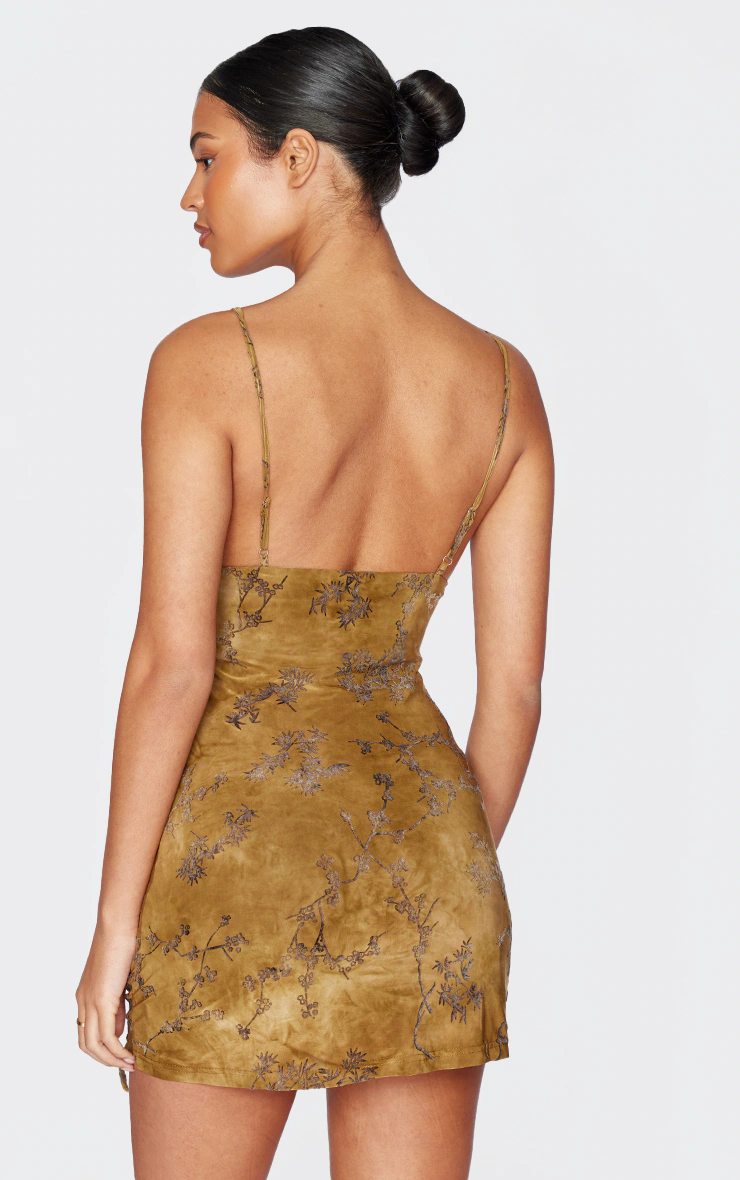 Tall Green Devore Lace Up Detail Mini Dress