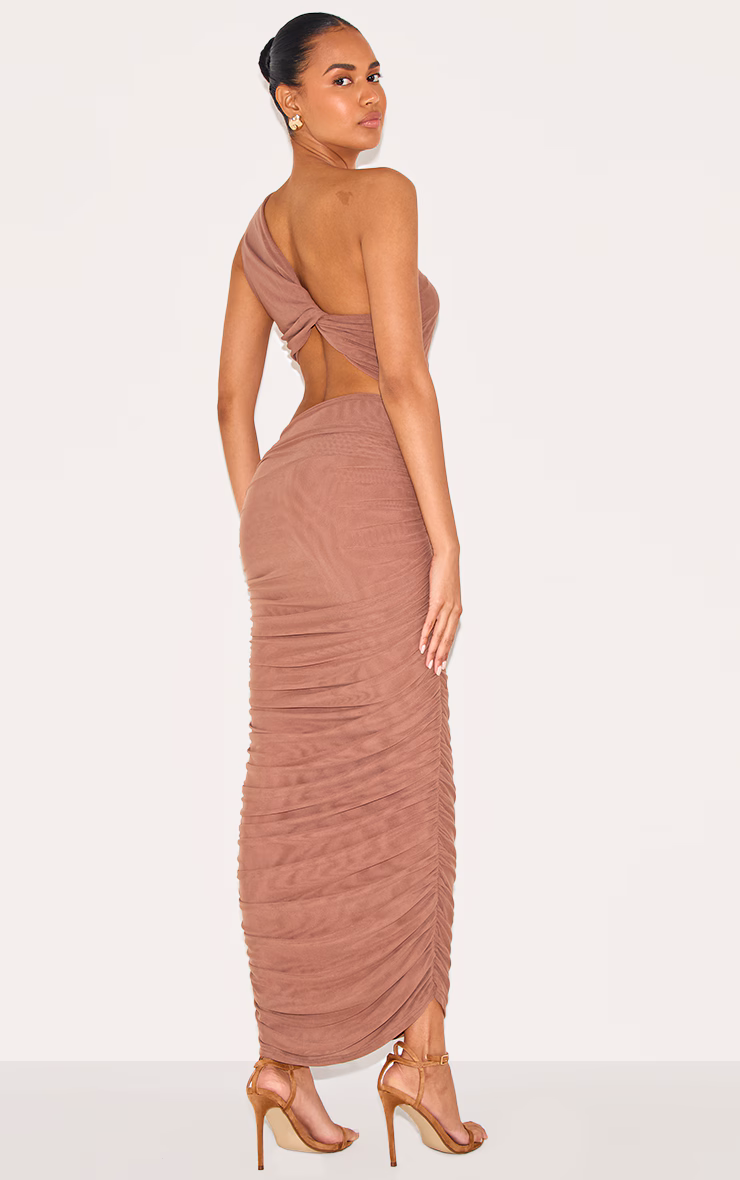 Mushroom One Shoulder Ruched Maxi Dress