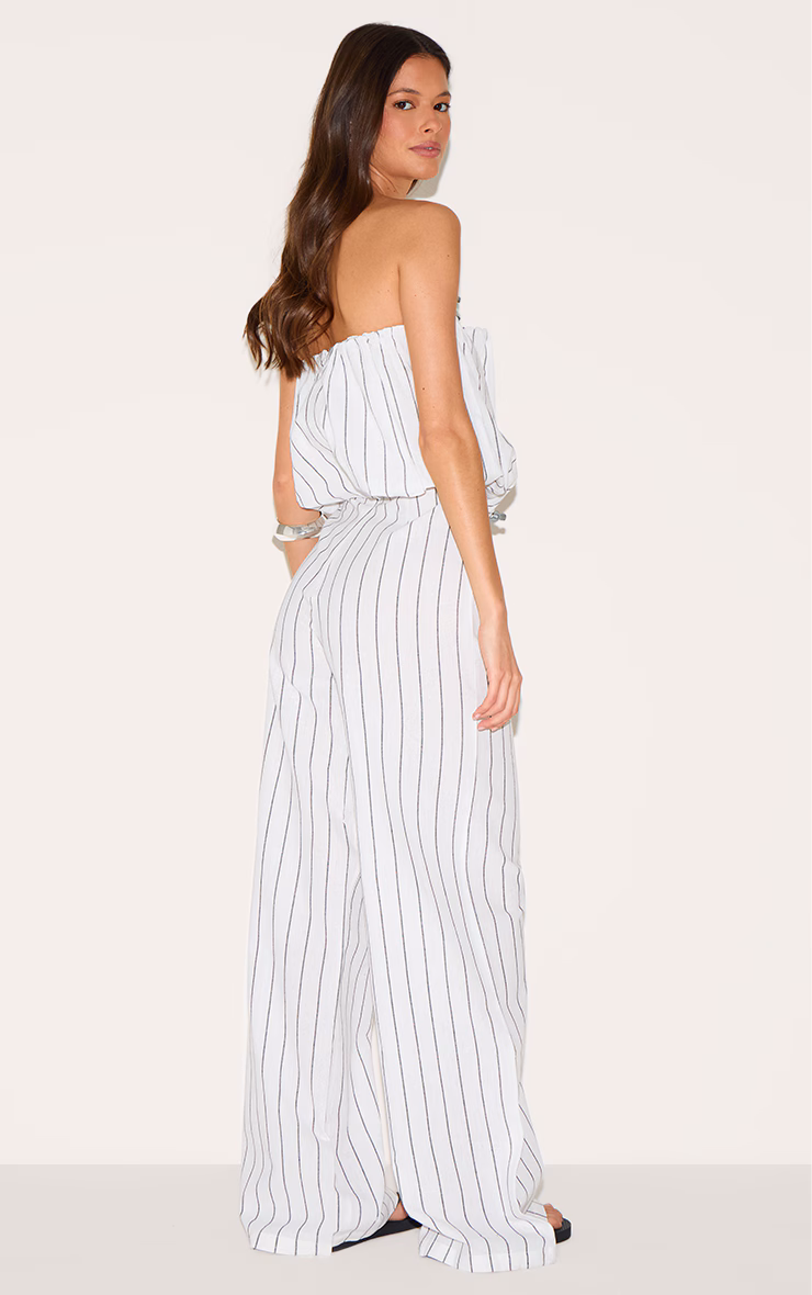 Stone Stripe Cotton Puffball Bandeau Straight Leg Jumpsuit
