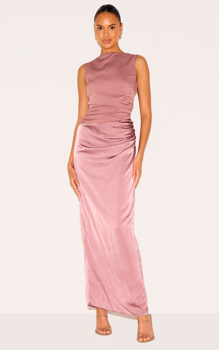 Dusty Pink Woven High Neck Ruched Drape Midaxi Dress