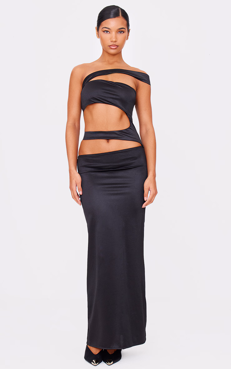 Black Stretch Satin Cut Out Maxi Dress