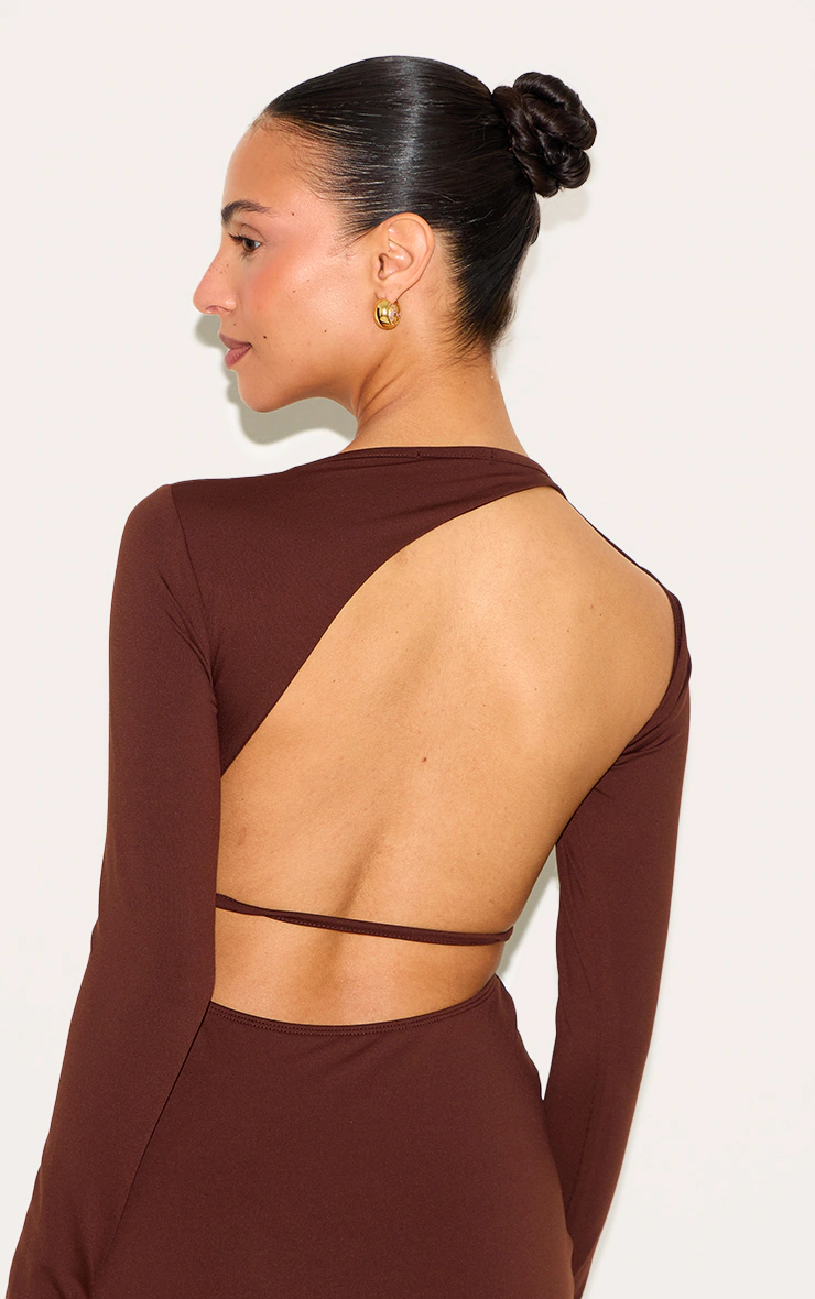 Petite Chocolate Slinky Asymmetric Open Back Maxi Dress