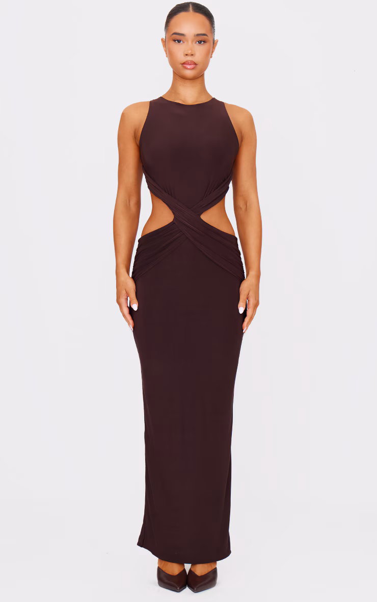Chocolate Double Layer Slinky Twist Front Maxi Dress