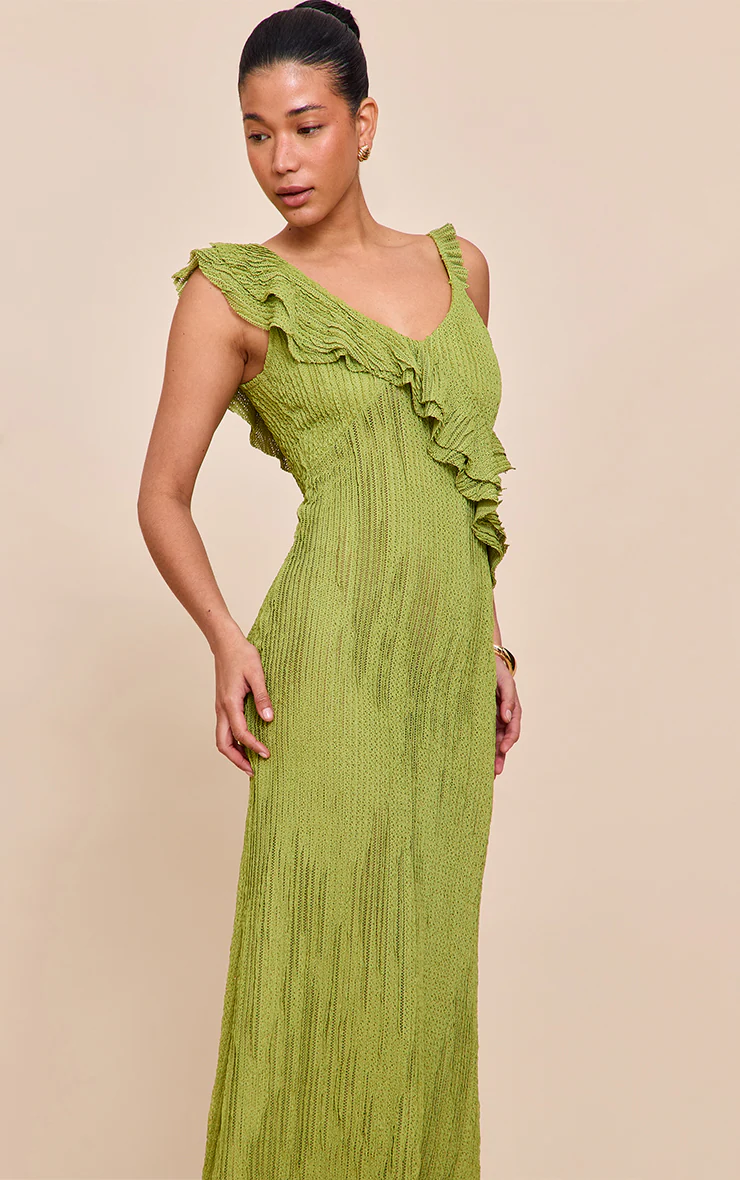 Lime Textured Asymmetric Neck Maxi Dress