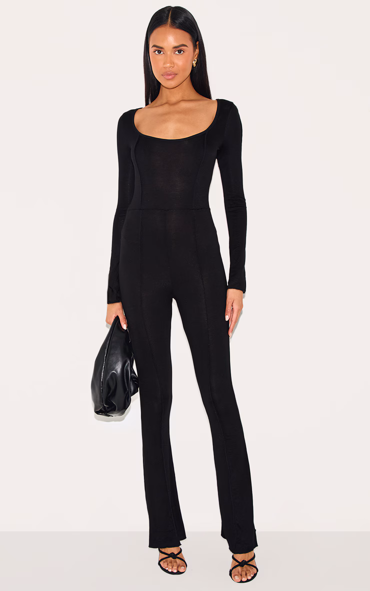 Black Jersey Seam Detail Split Sleeve Jumpsuit